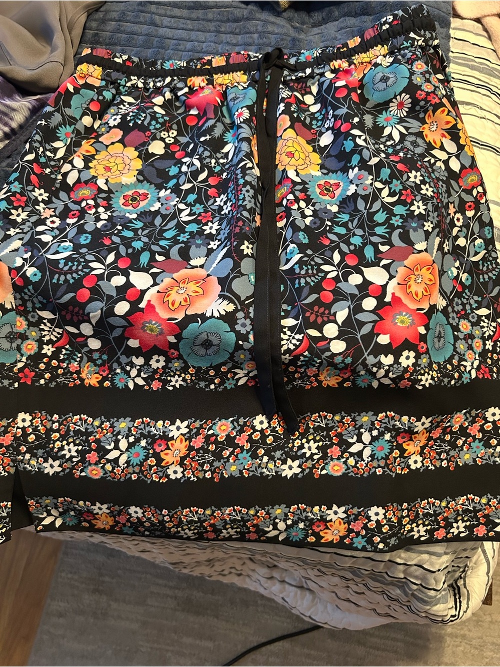 LOFT Black Floral Drawstring Midi Skirt